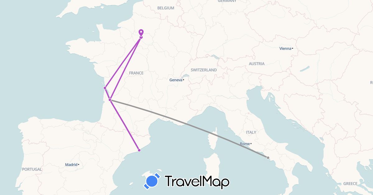 TravelMap itinerary: plane, train in Spain, France, Italy (Europe)